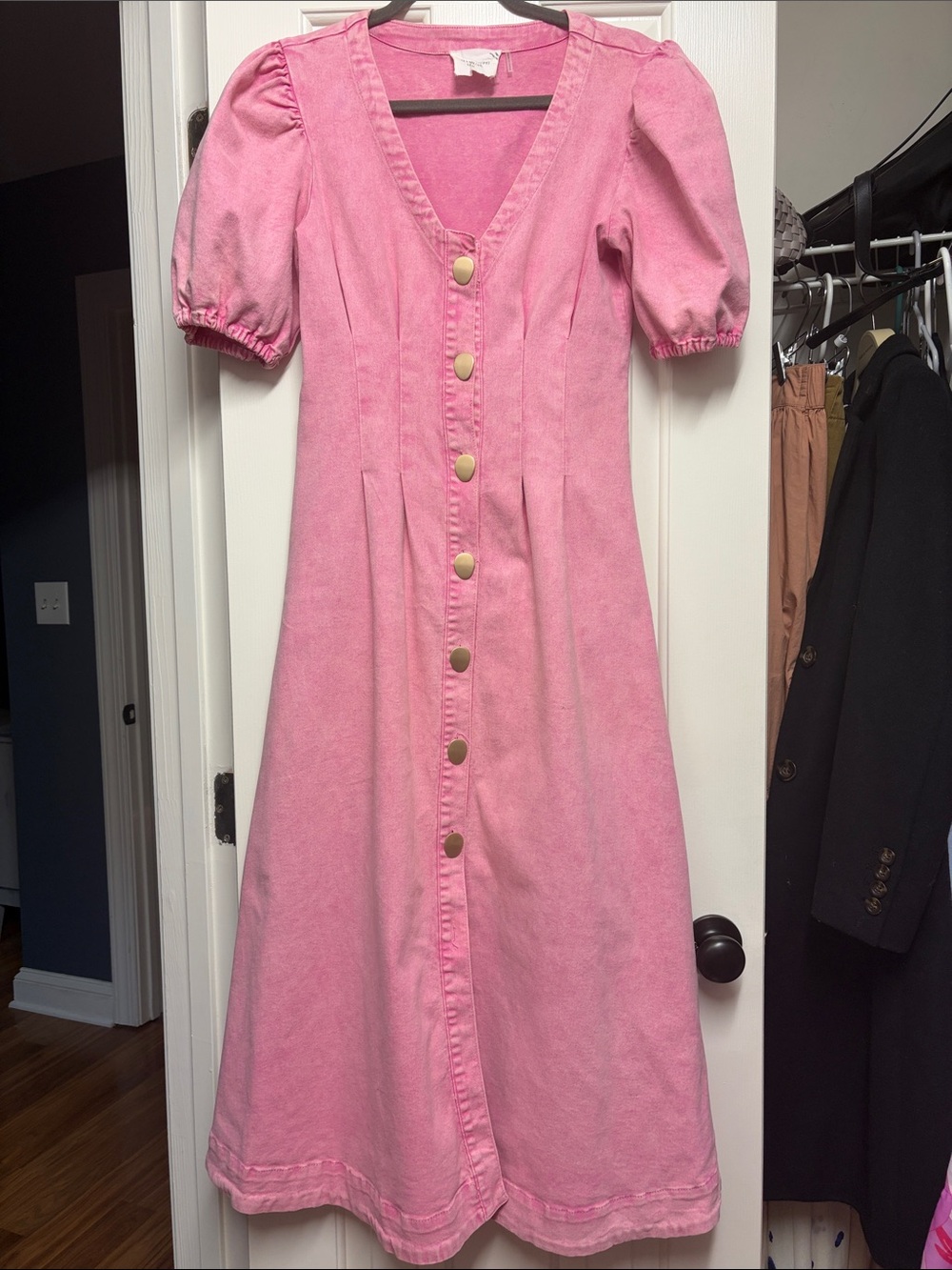 Women's Pink Button-Front Puff Sleeve Maxi Dress Hyacinth House